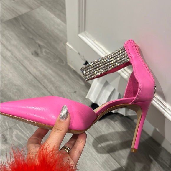 SCHUTZ Linara Neon Pink Leather Crystal Heels 5.5 - Picture 3 of 9